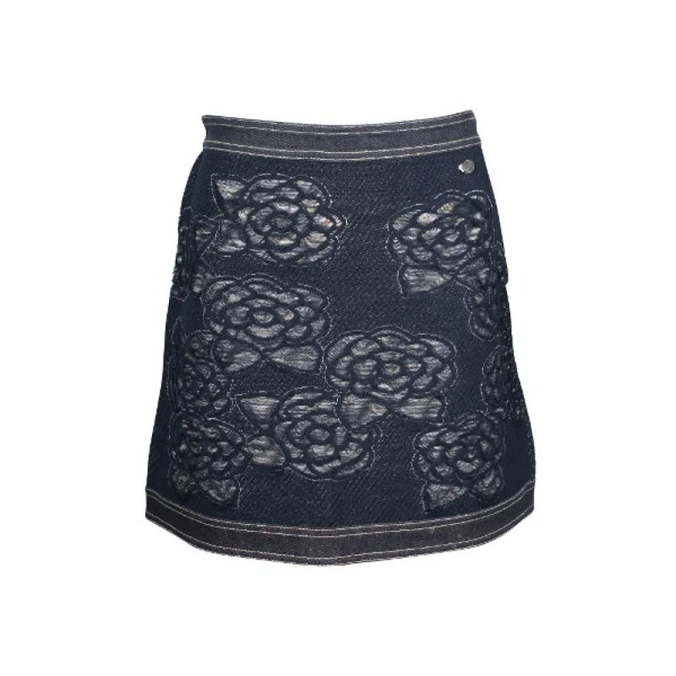 Używane Spodenki-Spódnice z Bawełny, Chanel Floral Motif Denim Mini Spódnica Chanel Vintage