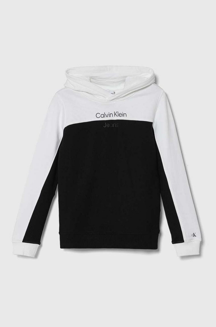 Calvin Klein Jeans bluza bawełniana dziecięca kolor czarny z kapturem wzorzysta