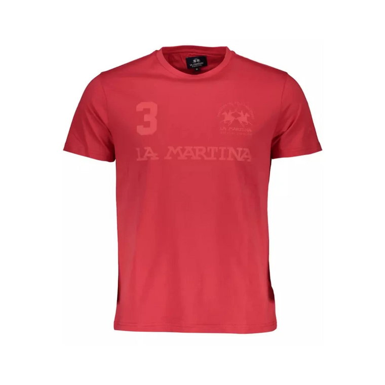 Czerwona Bawełniana Koszulka, Krótki Rękaw, O-neck, Nadruk, Logo La Martina