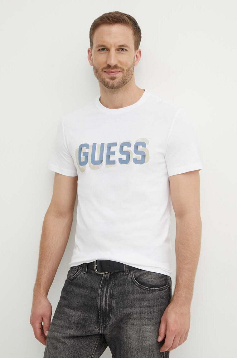 Guess t-shirt bawełniany męski kolor biały z nadrukiem M4YI15 I3Z14