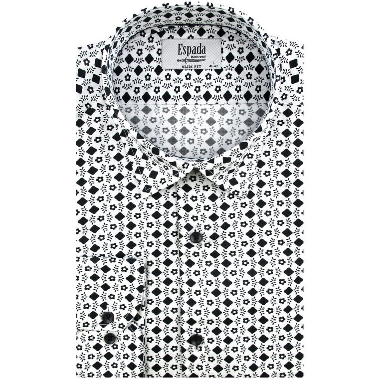 Koszula Męska Elegancka Wizytowa do garnituru cyfrowy nadruk biała we wzorki z długim rękawem w kroju SLIM FIT Espada Men's Wear H211