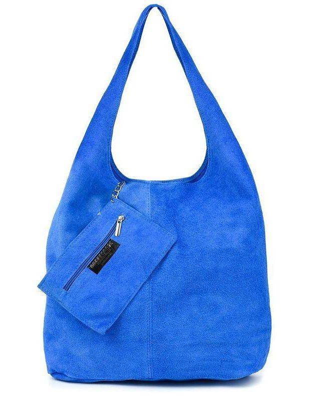 zamszowa torebka skórzana na ramię z saszetką chabrowa niebieski