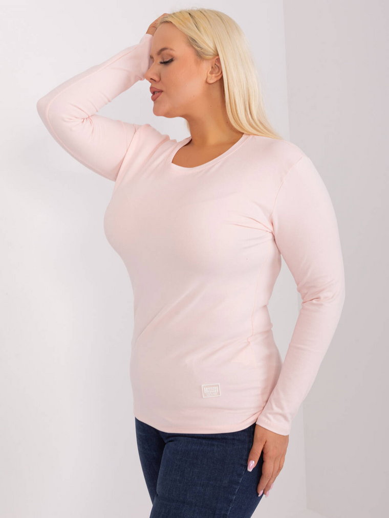 Bluzka plus size jasny różowy casual codzienna dopasowana dekolt okrągły rękaw długi naszywki