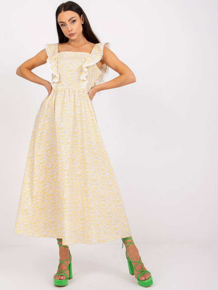 Sukienka z printem jasny żółty letnia dekolt prostokątny rękaw bez rękawów długość maxi print (nadruk) koronka