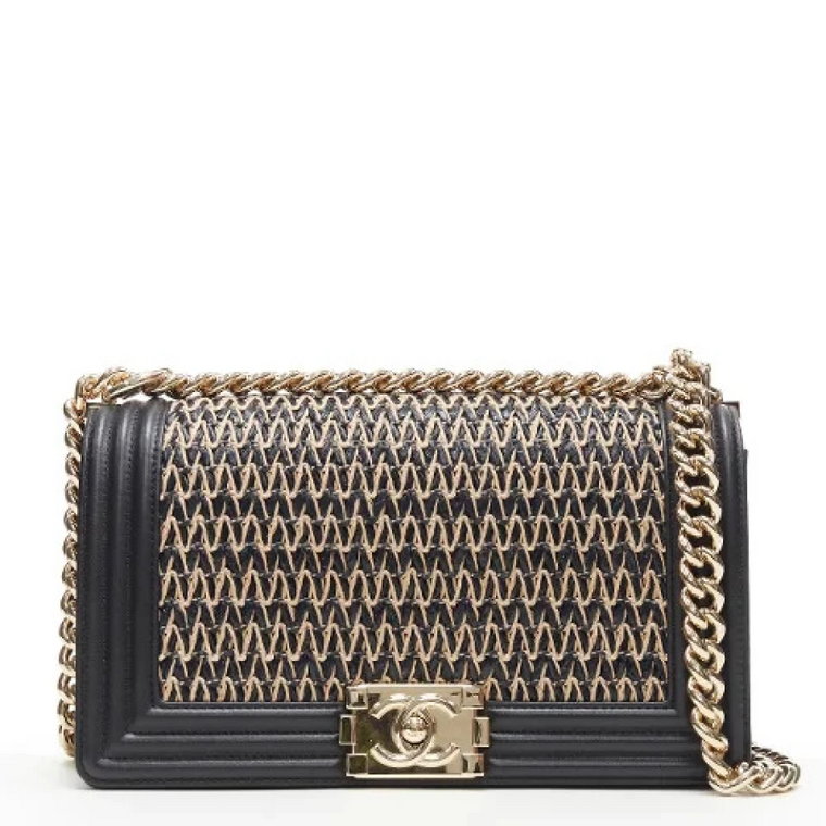 Używana torba na ramię, Chanel Boy Czarny Brązowy Rafia Chevron Średnia skóra jagnięca Crossbody Chanel Vintage