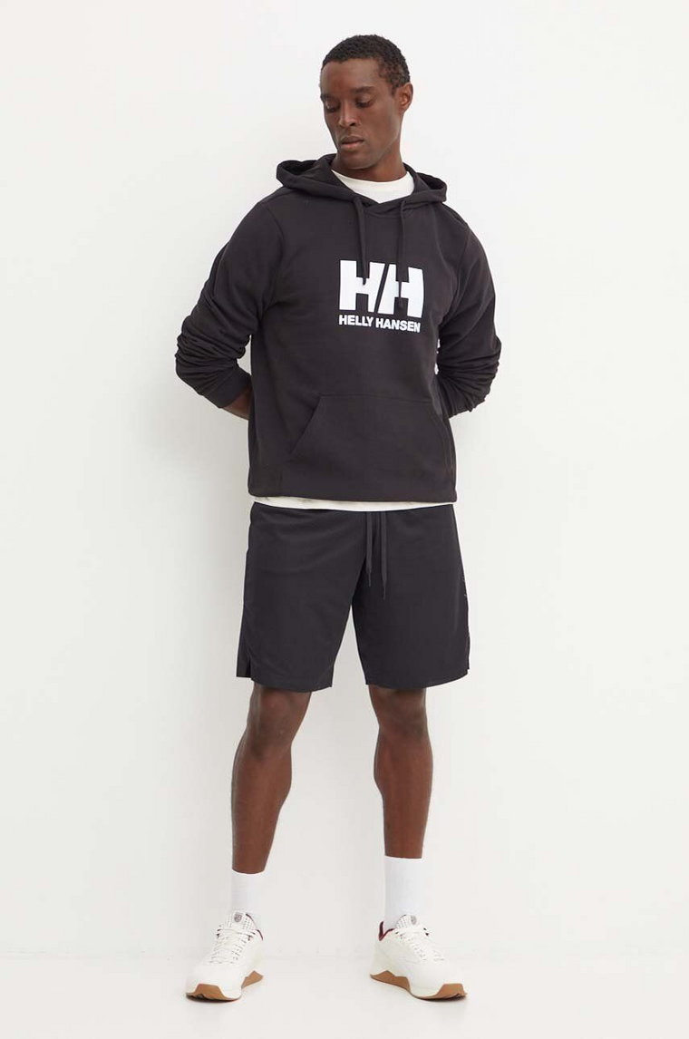 Helly Hansen bluza bawełniana HH LOGO męska kolor czarny z kapturem z nadrukiem 30394