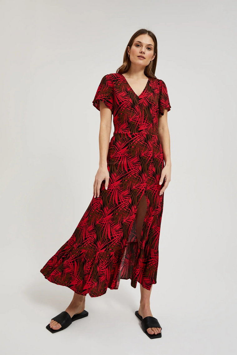 Sukienka z dekoltem w serek i tropikalnym printem czerwona