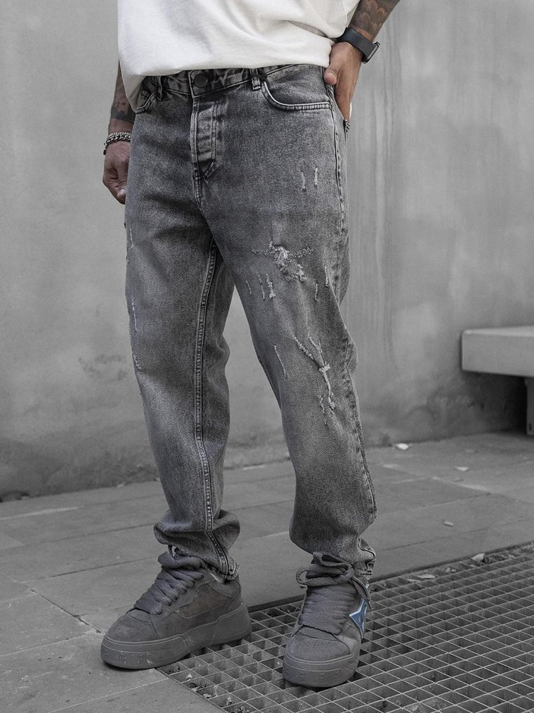 Spodnie Jeansowe Loose Fit Z Uszkodzeniami Męskie Ciemne Szare Classic Ripped