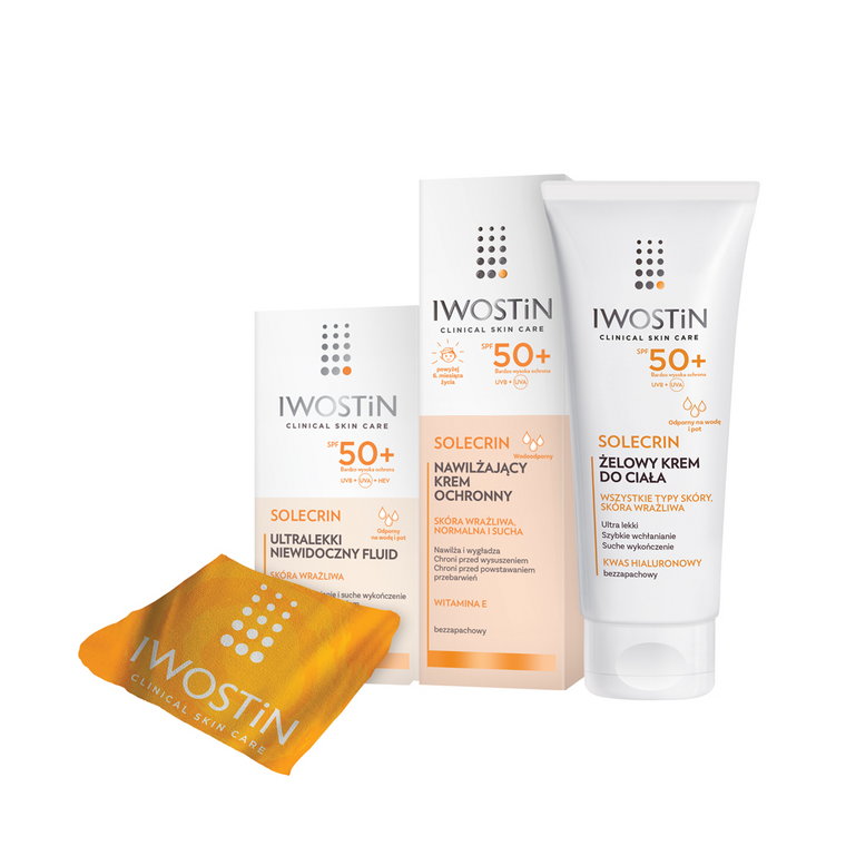 Iwostin Solecrin Zestaw Krem SPF50+ 50ml + Fluid SPF50+ 40ml + Żel-krem SPF50+ 200ml + Ręcznik