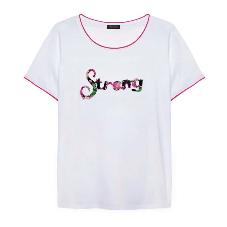 T-shirt z haftowanym nadrukiem i fioletowym obszyciem Fiorella Rubino