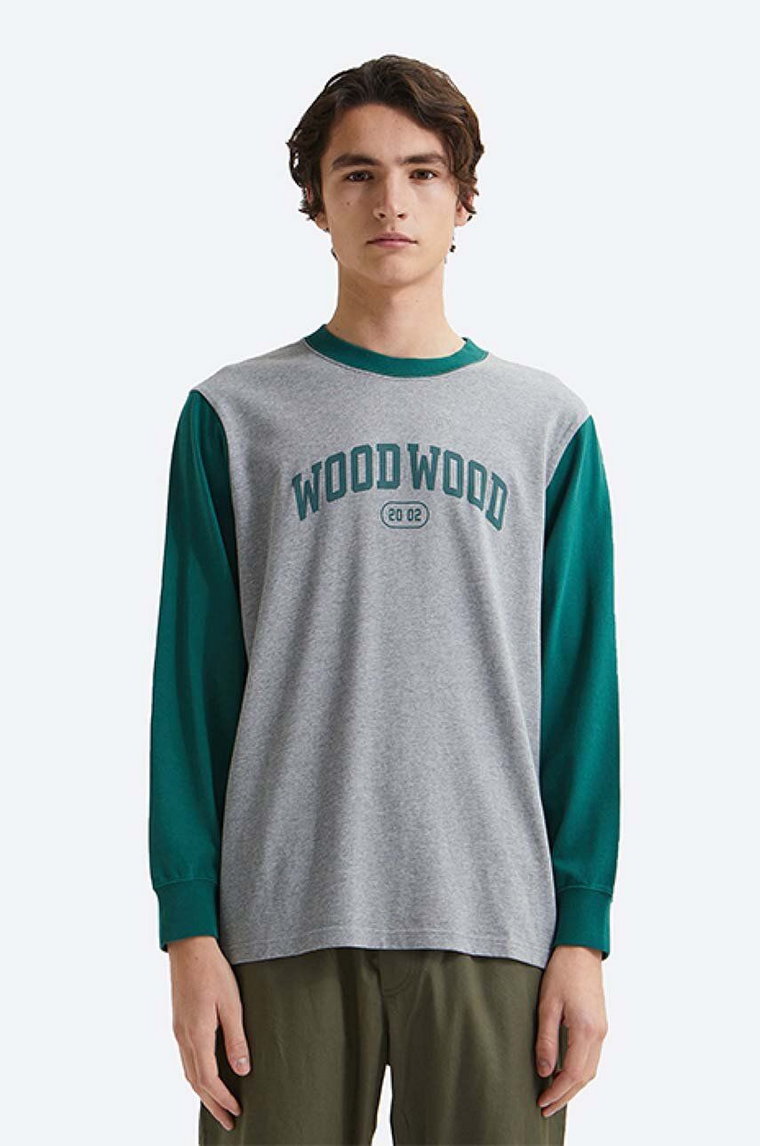 Wood Wood longsleeve bawełniany Mark IVY Longsleeve kolor szary z nadrukiem 12135401.2489-WHITE