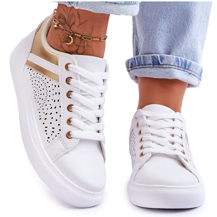 PG1 Klasyczne Sportowe Buty Z Ażurowym Wzorem Biało-Złote Happier białe