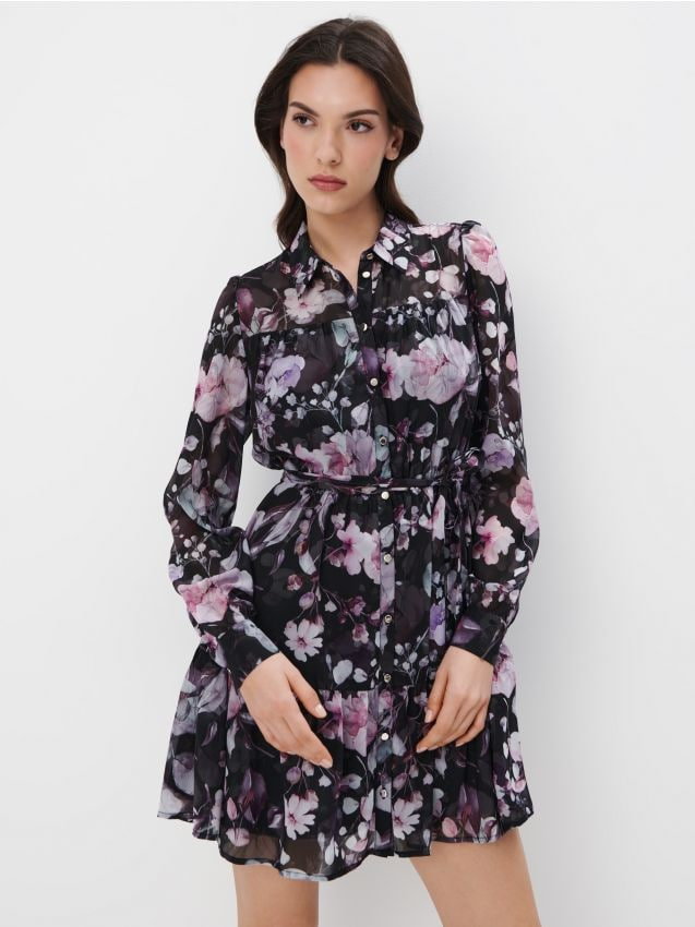 Mohito - Koszulowa sukienka mini w kwiaty - czarny