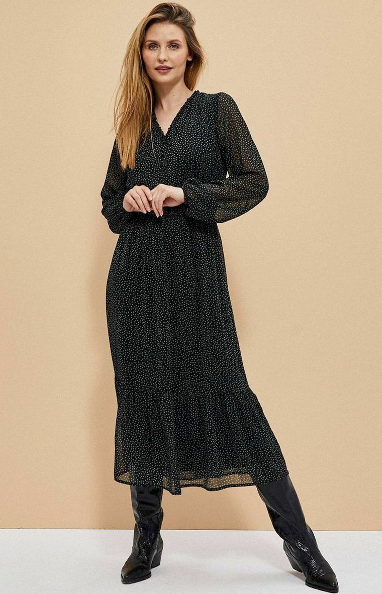 Sukienka zwiewna z falbaną i printem 3905, Kolor czarny-wzór, Rozmiar XS, Moodo