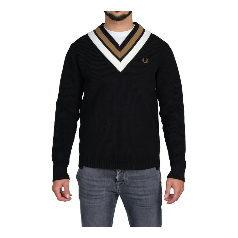 Pasiasty Biały i Brązowy Sweter z Dekoltem w Szpic Fred Perry