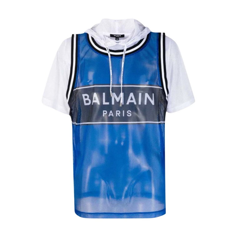 Niebieska Bluza z Kapturem i Logo - L Balmain