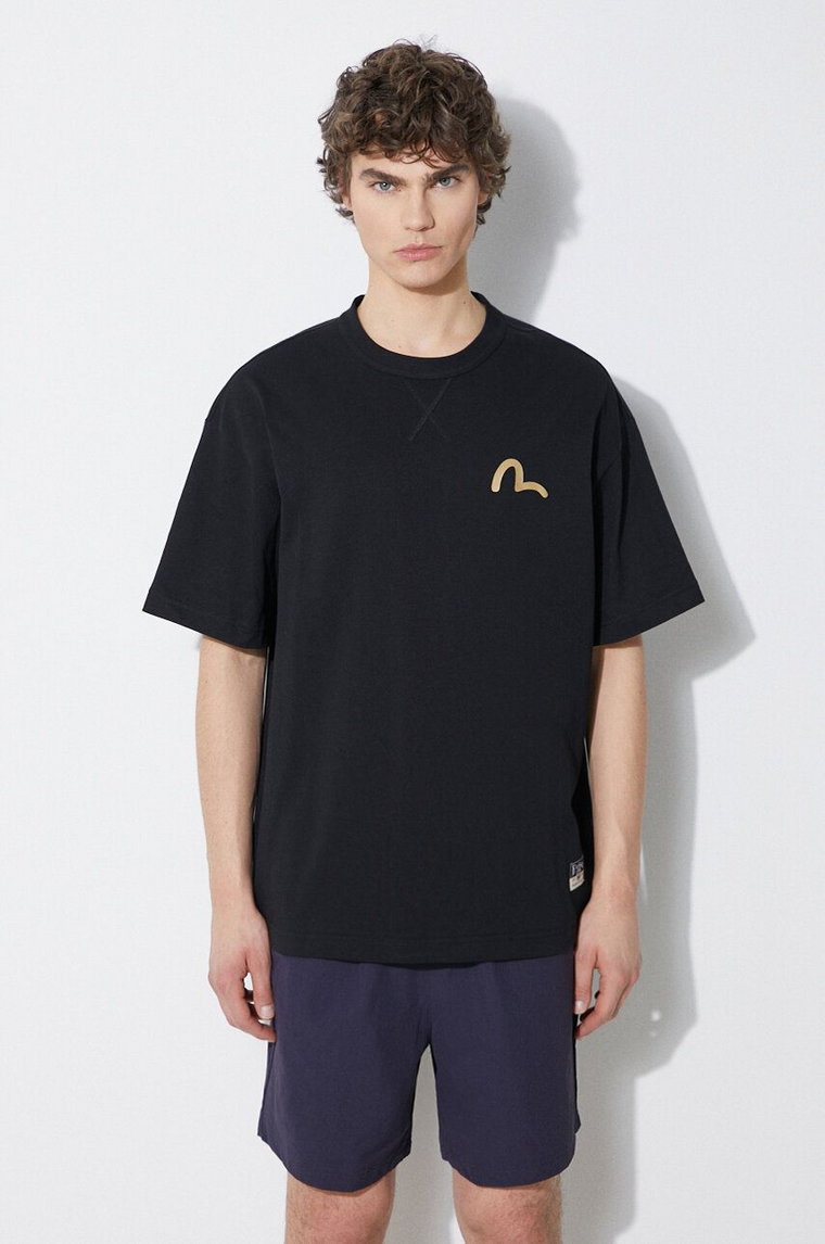 Evisu t-shirt bawełniany Seagull Print +Kamon Appliqué Tee męski kolor czarny gładki 2ESHTM4TS7093