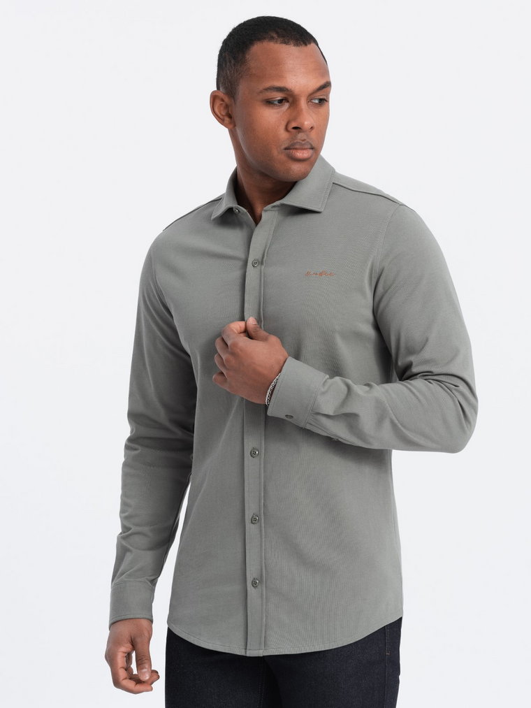 Bawełniana męska koszula REGULAR z dzianiny single jersey - jasny khaki V4 OM-SHCS-0138