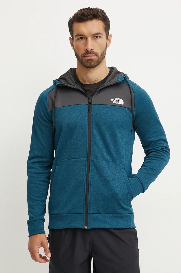 The North Face bluza sportowa Reaxion kolor turkusowy z kapturem wzorzysta NF0A7Z9O7AO1