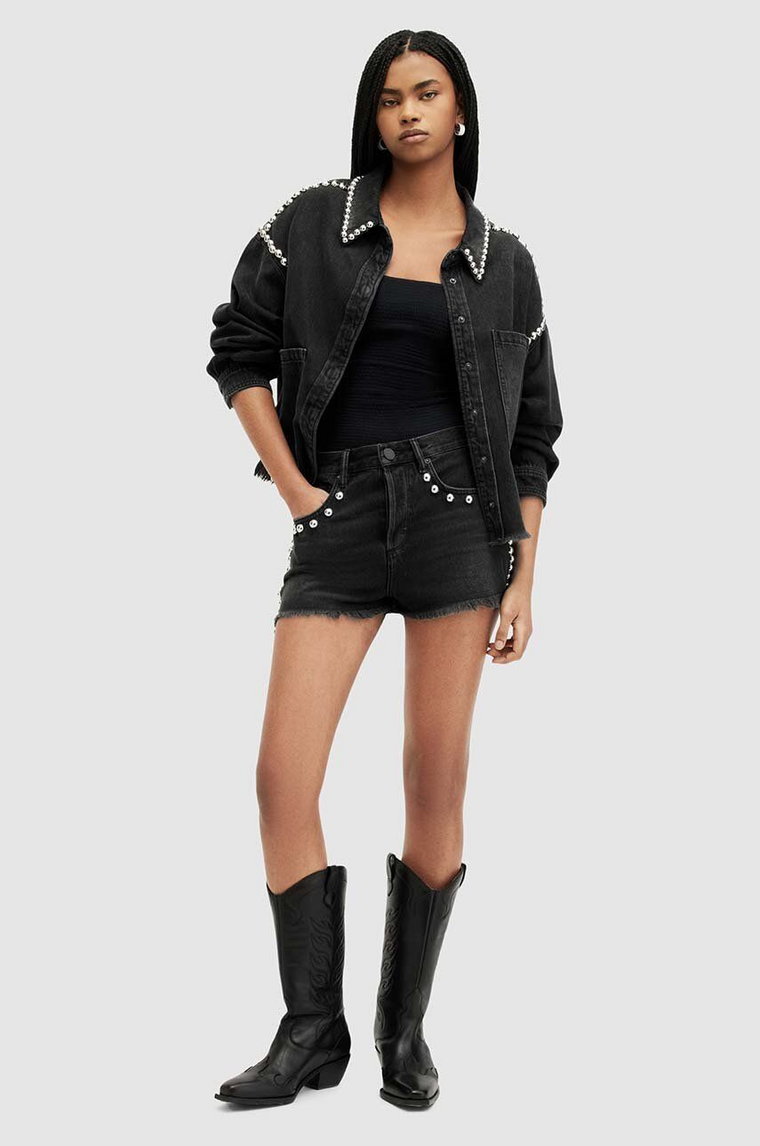 AllSaints szorty jeansowe bawełniane HEIDI STUD SHORTS kolor czarny z aplikacją high waist WE509Z