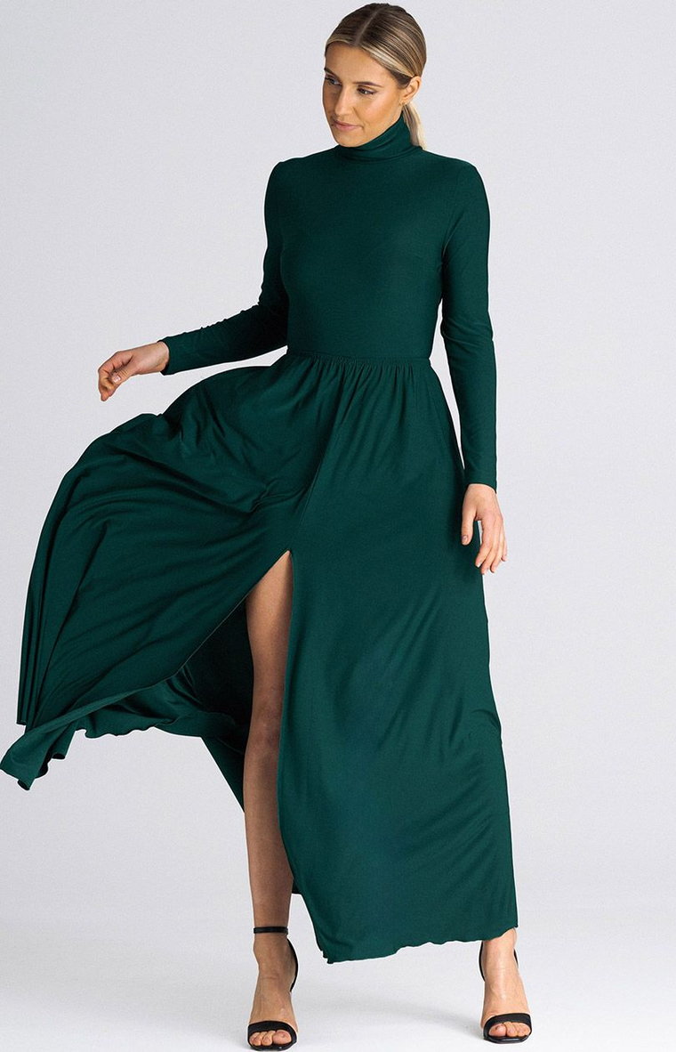 Sukienka długa z golfem zielona M936, Kolor zielony, Rozmiar L, Figl