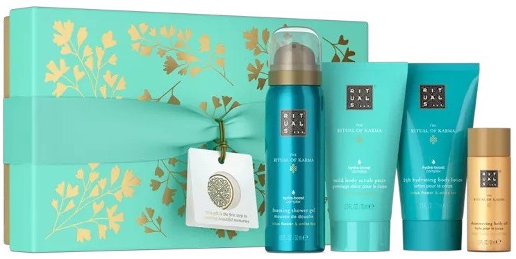 Zestaw Rituals The Ritual Of Karma Gift Set S Olejek do ciała 30 ml + Żel pod prysznic 50 ml + Peeling do ciała 70 ml + Balsam do ciała 70 ml (8719134184440). Zestawy kosmetyków do pielęgnacji