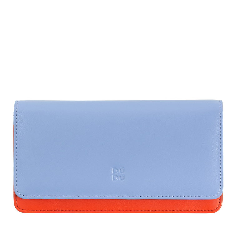 Damski skórzany portfel RFID, model torebki wykonany z miękkiej kolorowej skóry cielęcej Nappa z klapką zapinaną na guzik.
