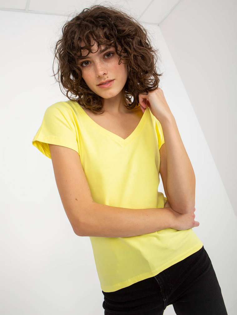 T-shirt jednokolorowy jasny żółty casual dekolt w kształcie V rękaw krótki