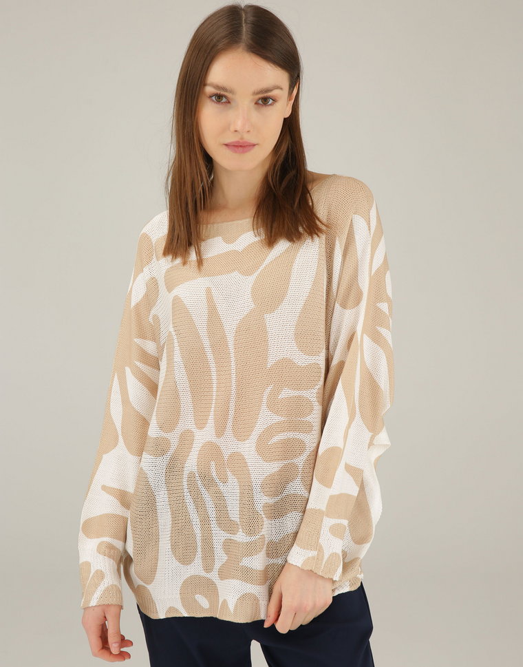 BEŻOWY SWETER Z DZIANINY 225-9066-6 BEIGE