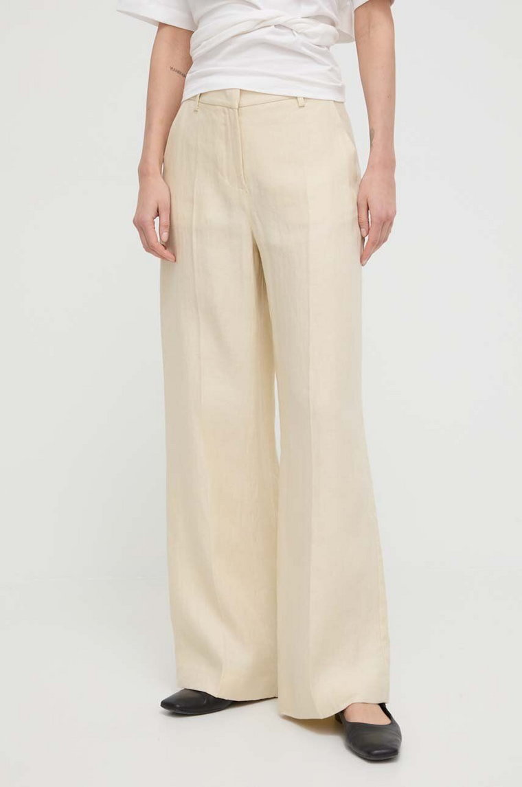 Weekend Max Mara spodnie lniane kolor beżowy szerokie high waist 2415131022600