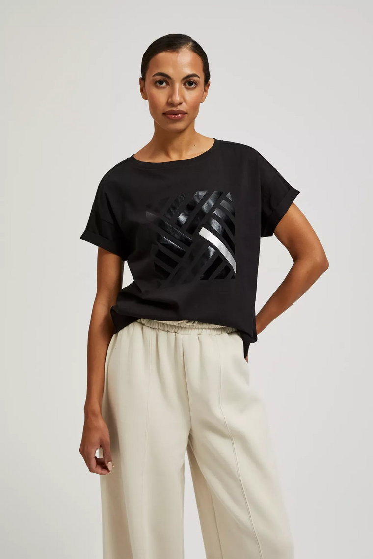 T-shirt z geometrycznym wzorem i okrągłym dekoltem czarny