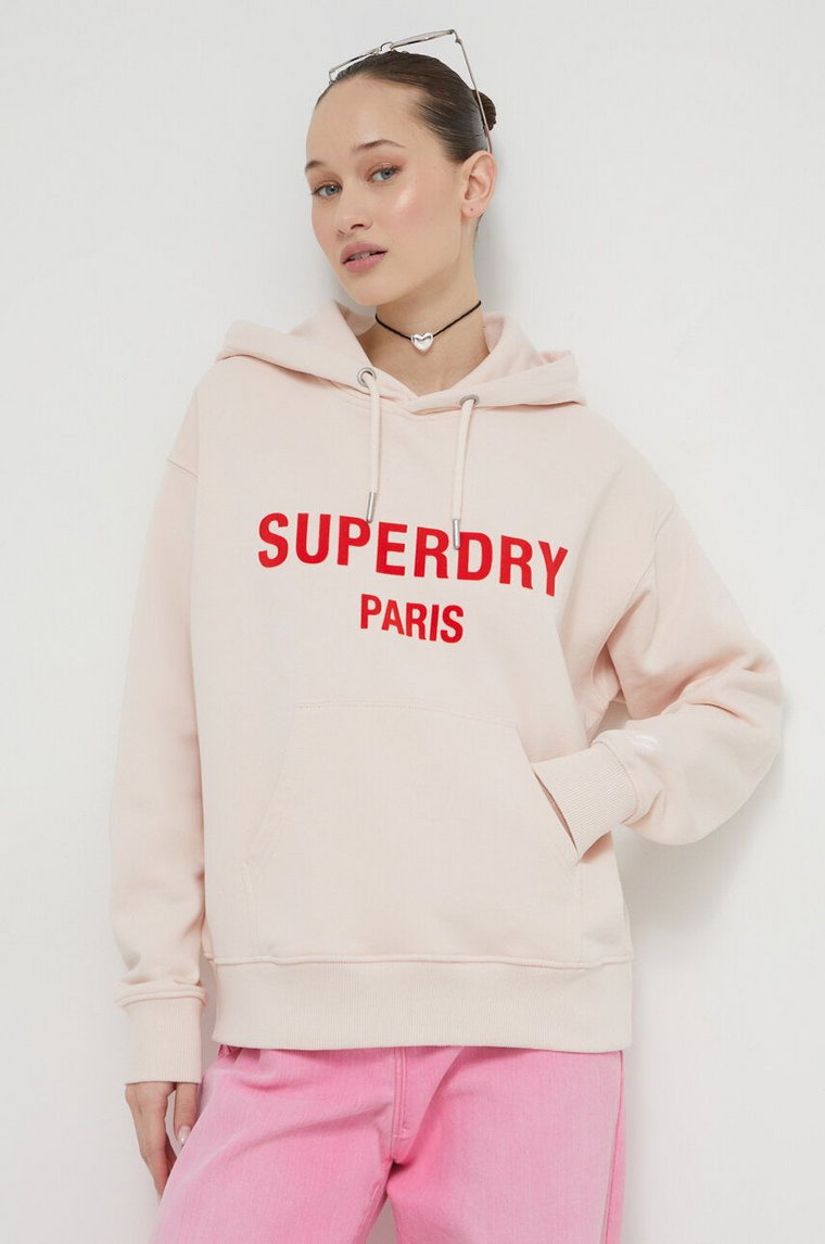 Superdry bluza bawełniana damska kolor różowy z kapturem z nadrukiem