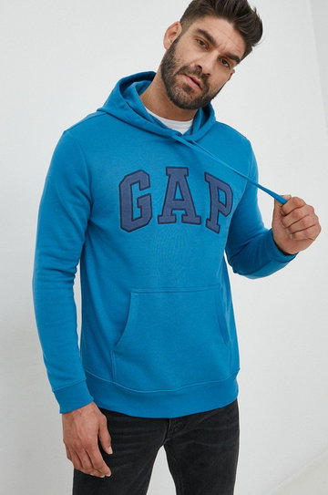 GAP bluza męska kolor niebieski z kapturem z aplikacją