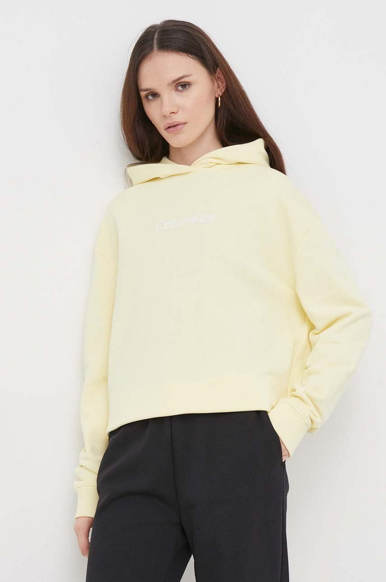 Calvin Klein bluza bawełniana damska kolor żółty z kapturem z nadrukiem