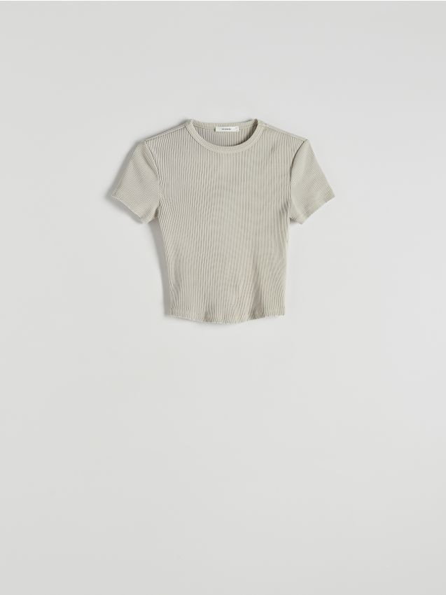 Reserved - Bawełniany t-shirt w prążek - kremowy