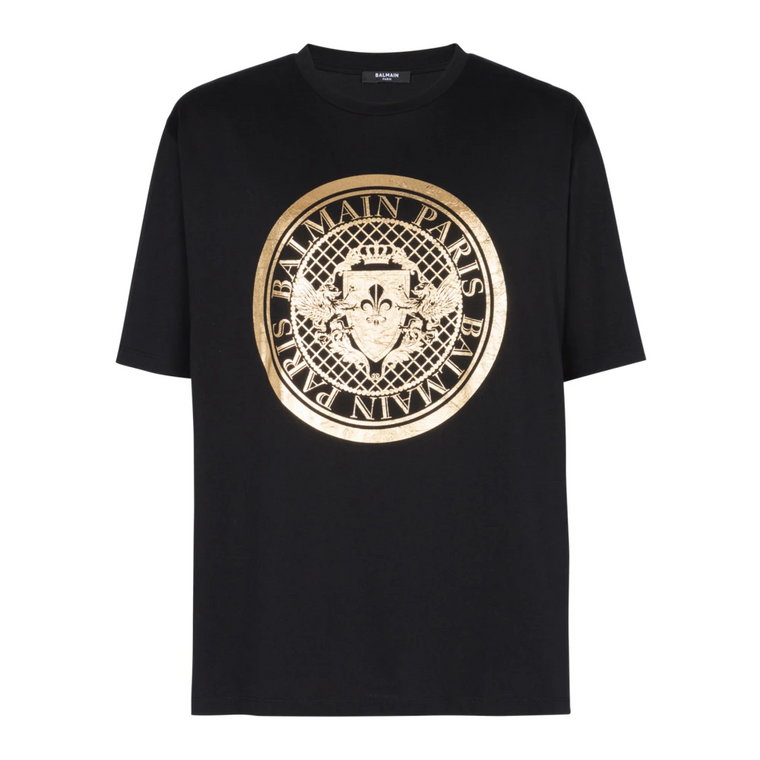 Oversize'owy bawełniany T-shirt z metalicznym nadrukiem logo monety Balmain