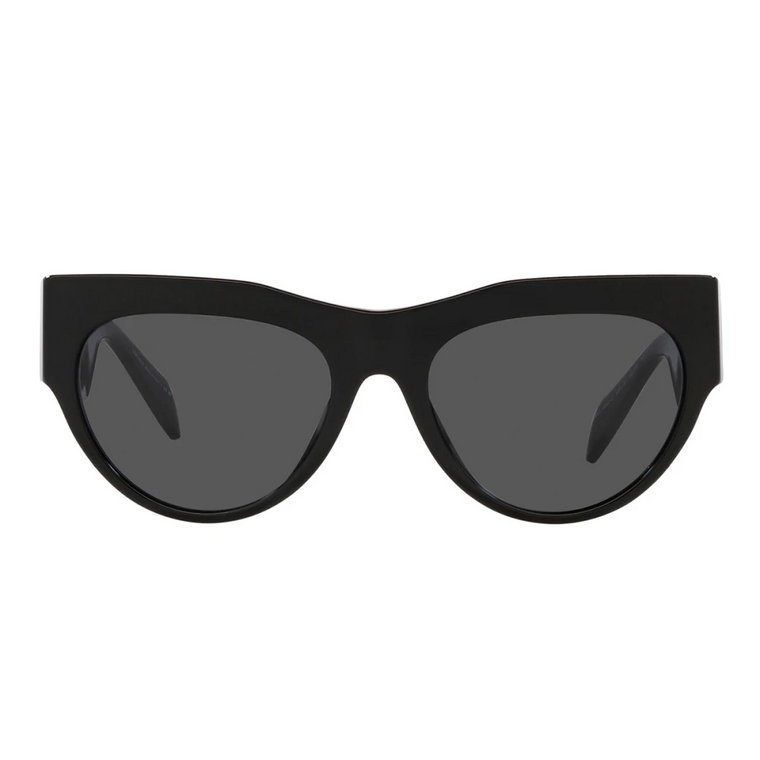 Okulary przeciwsłoneczne oieregularnym kształcie, ciemnoszare soczewki i czarna oprawka Versace