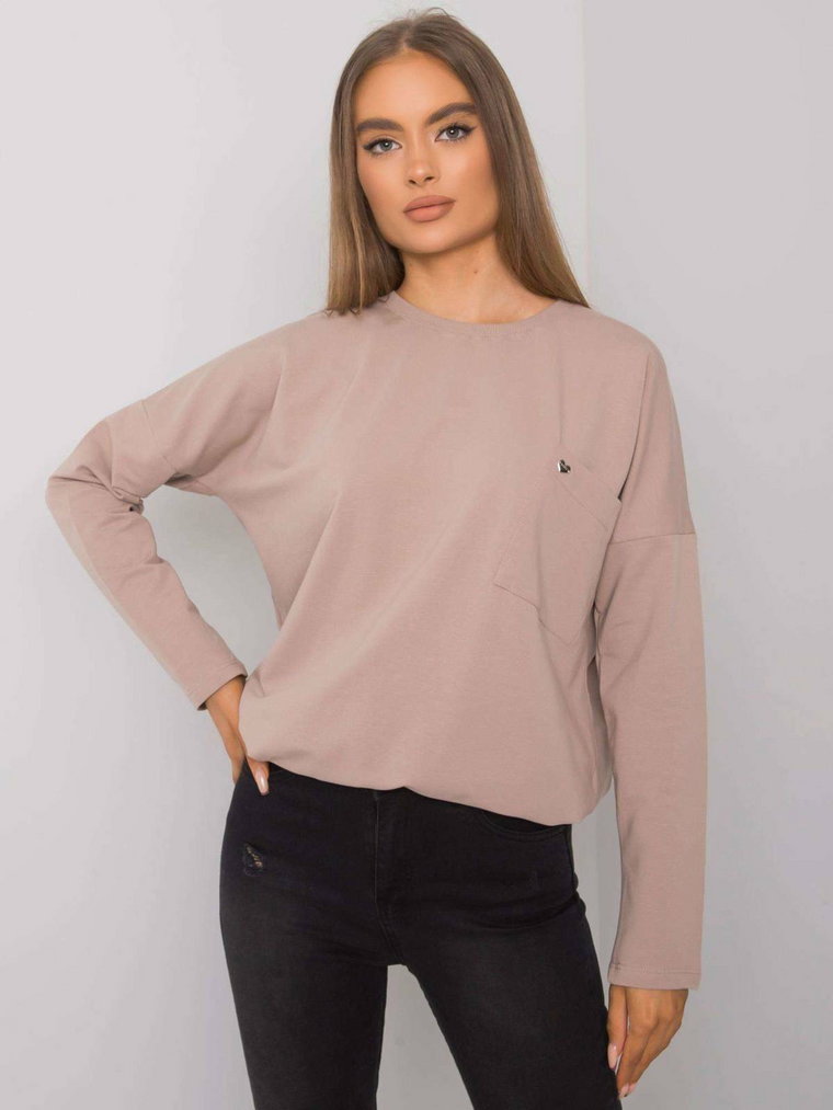 Bluzka basic ciemny bezowy casual codzienna longsleeve dekolt okrągły rękaw długi kieszeń