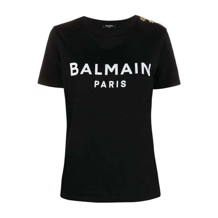Czarna Koszulka z Jerseyu z Flockowanym Logo Balmain