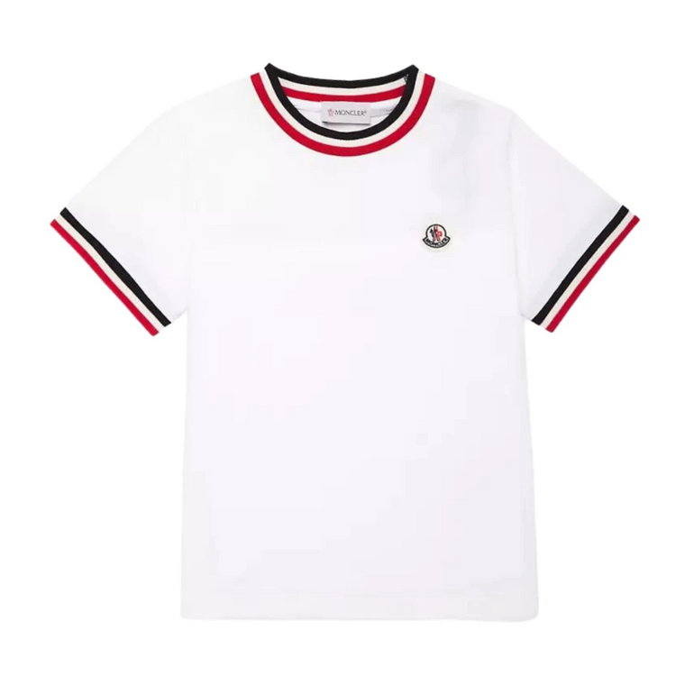 Biała Koszulka Dziecięca z Niebiesko/Czerwonymi Paskami Moncler