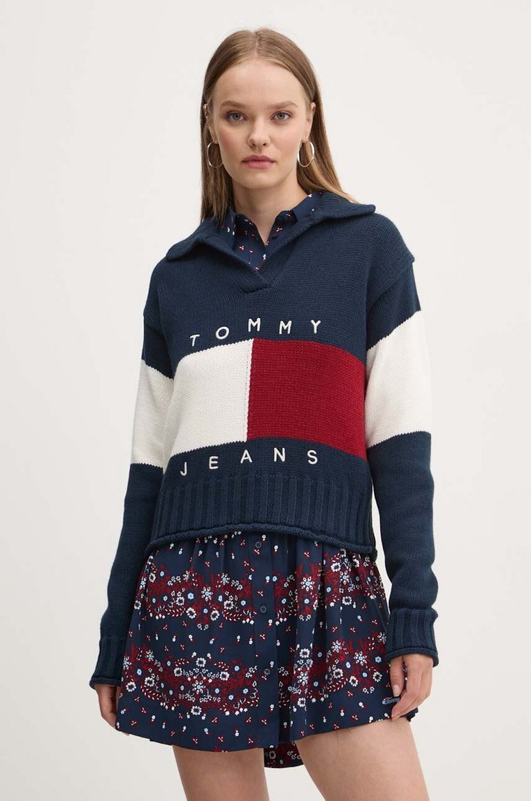 Tommy Jeans sweter z domieszką wełny damski kolor granatowy ciepły DW0DW18677