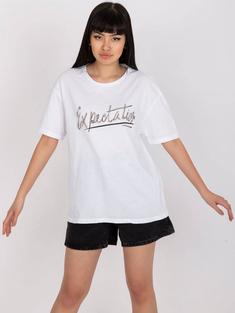 T-shirt z aplikacją biały casual dekolt okrągły rękaw krótki dżety cyrkonie print (nadruk)