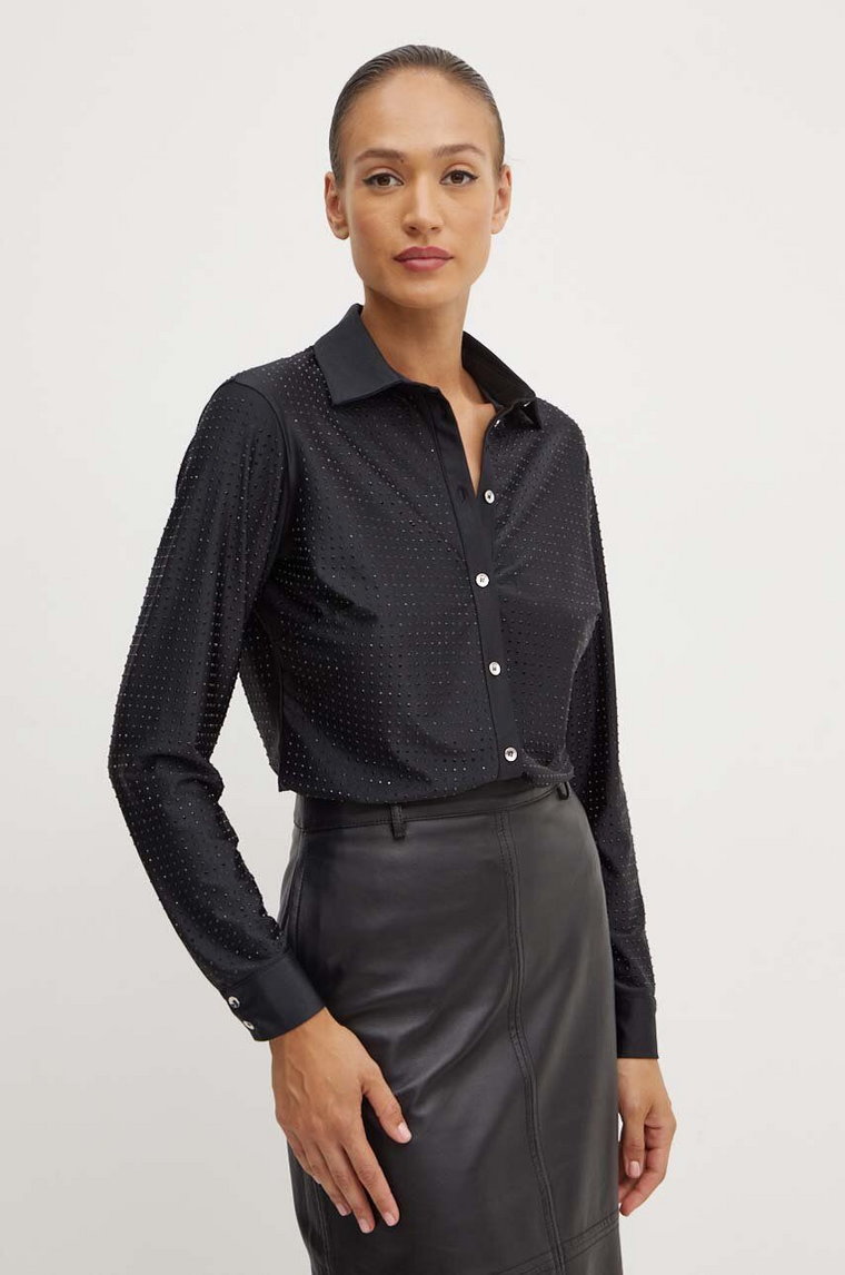 Guess koszula ELIANA SHINY damska kolor czarny regular z kołnierzykiem klasycznym W4YP13 KCC10
