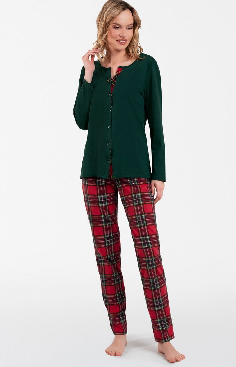 Piżama damska z długimi rękawami i spodniami w kratę Zorza, Kolor zielony-kratka, Rozmiar S, Italian Fashion