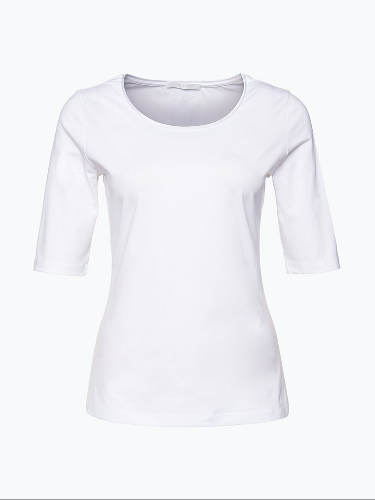 BOSS - T-shirt damski z jedwabną lamówką  Emmsi, biały