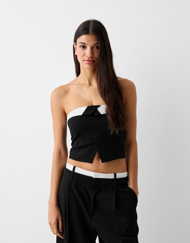 Bershka Elegancki Kontrastowy Top Bandeau Kobieta M Czarny