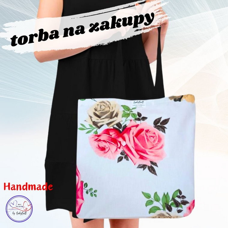 Torba na zakupy bawełniana siatka kolorowa shopperka Handmade - RÓŻE NA BIAŁYM TLE