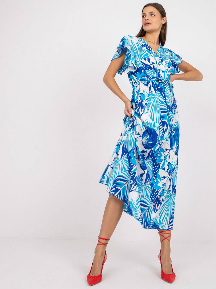 Sukienka z printem biało-niebieski codzienna letnia dekolt kopertowy rękaw krótki długość maxi falbana