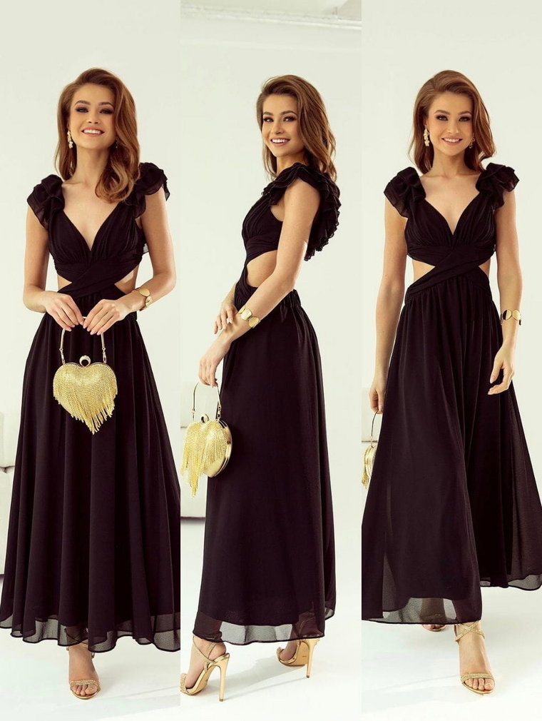 Amber sukienka czarna elegancka na wesele maxi z rozcięciem i falbanami