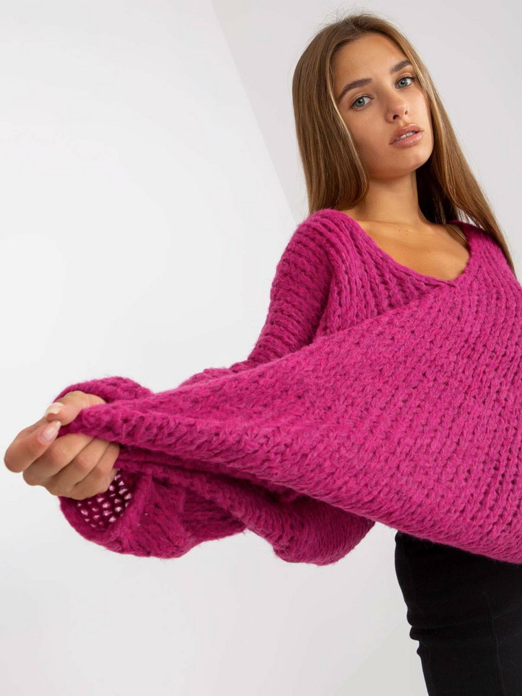 Sweter oversize fuksjowy casual dekolt w kształcie V rękaw długi